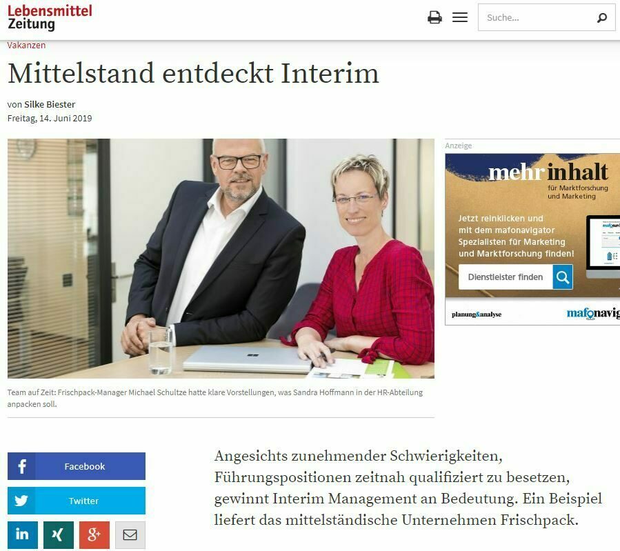 Mittelstand entdeckt Interim Lebensmittel Interim Manager