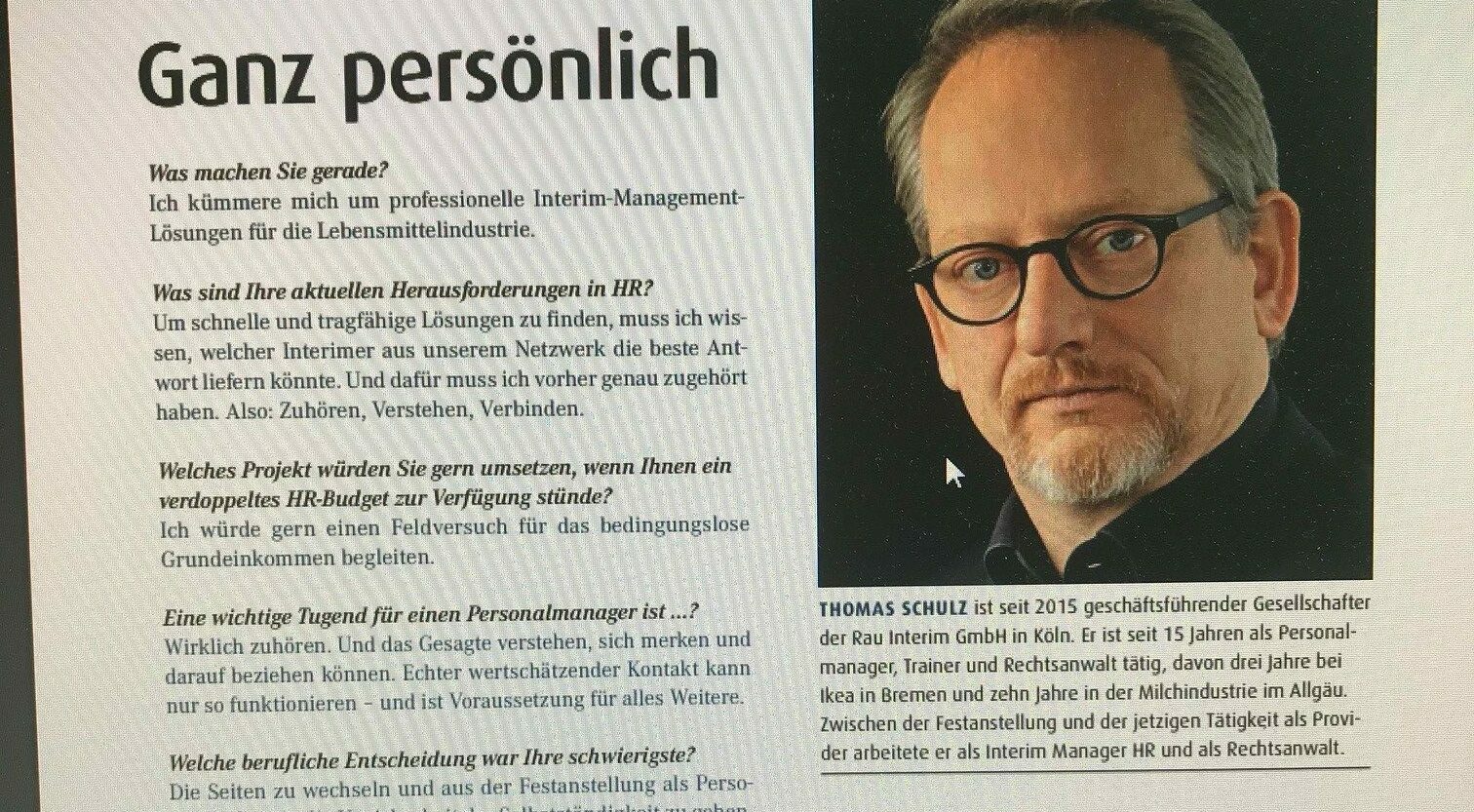 Personalmagazin – Thomas Schulz – persönlich in der Lebensmittel­industrie - RAU INTERIM Manager