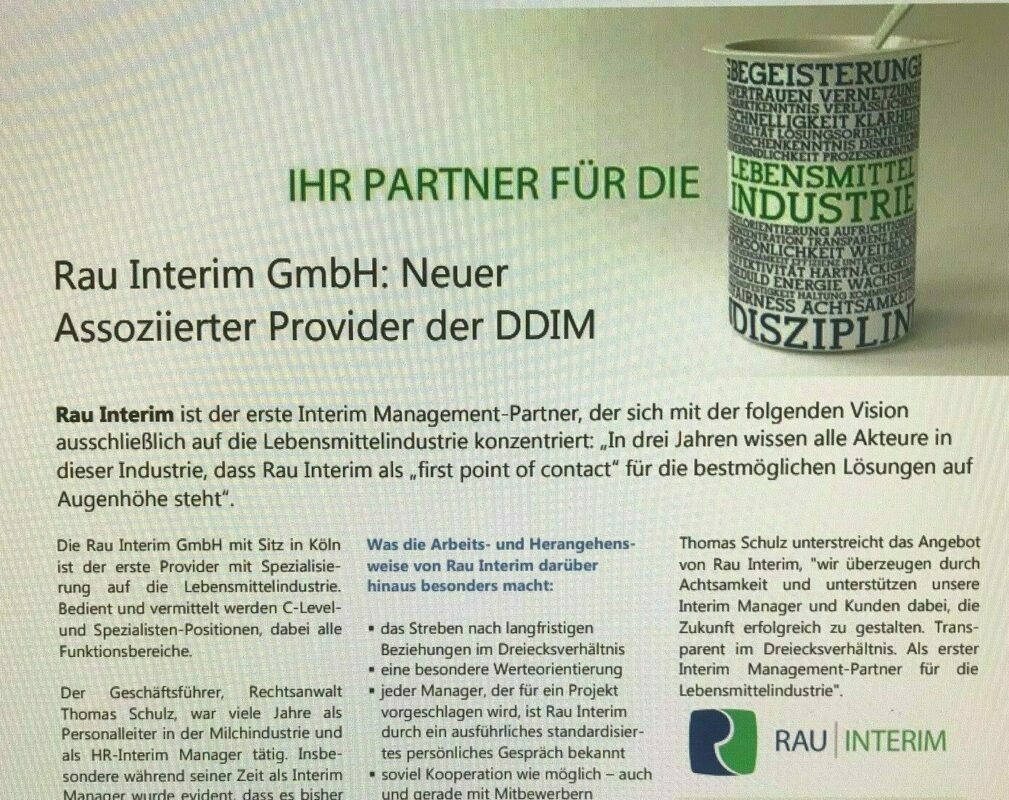 Neuer Assoziierter Provider der DDIM in der Lebensmittel­industrie - RAU INTERIM Manager